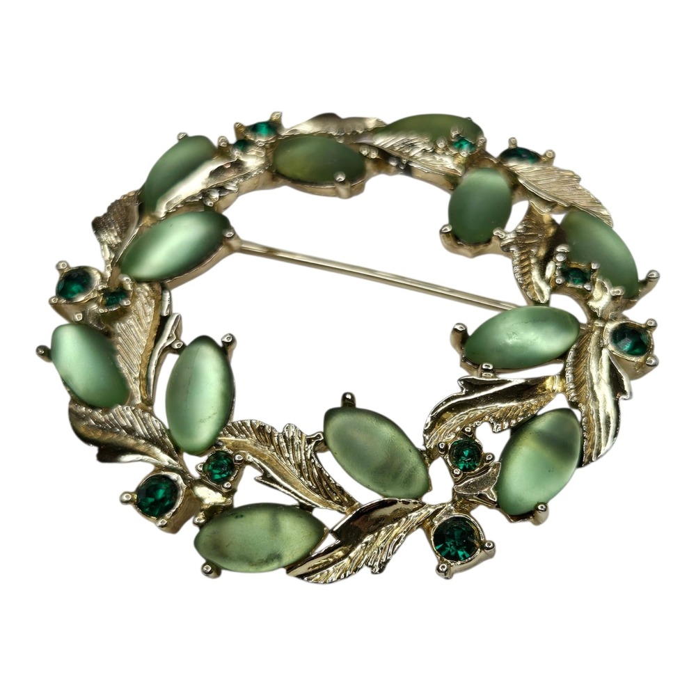 EMJ Wreath Brooch Green‎ Vintage Moonglow Rhinestone Gold Tone - Picture 7 of 9